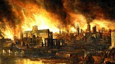 a painting of a city on fire with buildings in the background and water below it