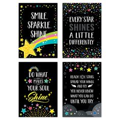 four cards with different sayings and stars in the sky, one says smile sparkle shine shine