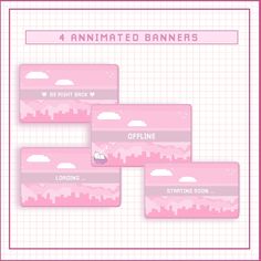 four pink banners with the words, 4 animated banners and an image of clouds on them