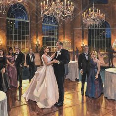 a painting of a bride and groom dancing in a ballroom with chandeliers hanging from the ceiling