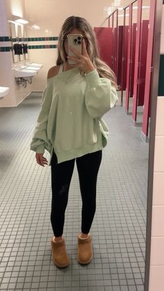 #comfy #uggs #school #outfit #green #leggings Comfy Outfits Lazy School, Light Green Leggings Outfit, Dark Green Leggings Outfit, Green Yoga Pants Outfit, Cute Comfy School Outfits, Green Leggings Outfit, Comfy Outfits Lazy, Dark Green Leggings, Comfy School Outfits