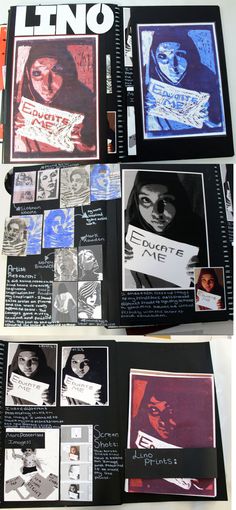 the inside pages of a book with pictures and words on it, including an image of a woman's face