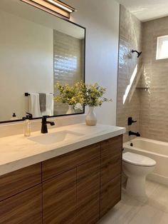 a white toilet sitting next to a bath tub in a bathroom under a mirror above a sink