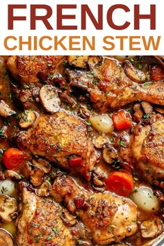 chicken stew with mushrooms and tomatoes in a pan