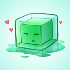 a green cube with eyes closed sitting in the middle of some water and hearts floating around