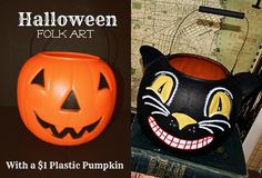 an orange pumpkin with a black cat's face painted on it, and a photo of a jack - o - lantern