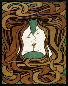 an art nouveau painting of two women with long hair