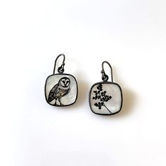 Pearl Earrings - Laser etched illustrations on mother of pearl set in oxidized sterling silver. Oxidized silver earwires. Fern Earrings, Contemporary Handmade Jewelry, Ceramic Jewellery, Mother Of Pearl Earrings, Artful Home, Pearl Set, Ceramic Jewelry, Enamel Jewelry, Oxidized Silver