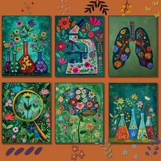 four paintings with flowers and plants on them