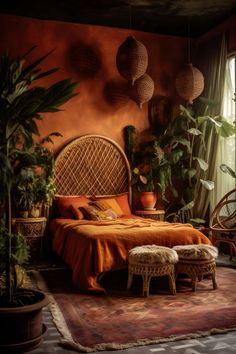 a bed sitting in a bedroom next to a window with potted plants on it