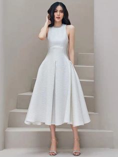 Elegant White Diamonds Evening Long Dress Sleeveless TS70430 - WHITE, L Evening Long Dress, Outfit Elegantes, Vestidos Retro, Mid Calf Dresses, High Waist Dress, Reception Dress, Necklines For Dresses, Vestido Casual, White Midi Dress