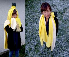 two pictures of a woman wearing a banana costume