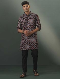 Vastramay Mens Multi Color Base Black Ajrakh Printed Cotton Kurta Pyjama Set Casual Black Festive Kurta, Unstitched Black Block Print Traditional Wear, Black Traditional Wear With Block Print For Diwali, Black Block Print Traditional Wear For Diwali, Unstitched Batik Print Kurta For Eid, Black Block Print Traditional Wear For Navratri, Festive Black Traditional Wear With Block Print, Navratri Black Block Print Kurta, Black Cotton Sets With Traditional Patterns