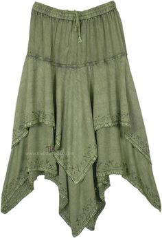 Green high-low handkerchief hem skirt stitched in two full layers of soft and flowing rayon fabric with abstract embroidery framing the gorgeous hemlines. A fun and flirty western-style skirt perfect for rodeo festivals and barn dances alike. #tlb #Stonewash #HighLow #Handkerchief #Solid #HighLowGreenSkirt #handkerchiefHemSkirt Asymmetrical Rayon Maxi Skirt For Summer, Bohemian Layered Hem Maxi Skirt For Spring, Bohemian Layered Maxi Skirt For Spring, Summer Asymmetrical Skirt With Layered Hem, Summer Skirt With Asymmetrical Layered Hem, Flowy Long Skirt With Layered Hem, Spring Skirt With Ruffled Handkerchief Hem, Spring Ruffled Skirt With Handkerchief Hem, Spring Asymmetrical Rayon Skirt