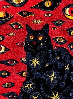 a painting of a black cat surrounded by stars and fish eyes on red background with gold accents