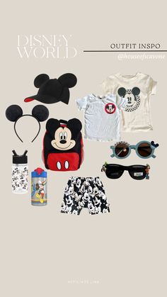 various items are arranged in the shape of mickey mouse's head, sunglasses and t - shirt