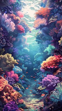 an underwater scene with colorful corals and water