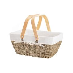 an empty basket with handles and straps on the handle is shown in front of a white background