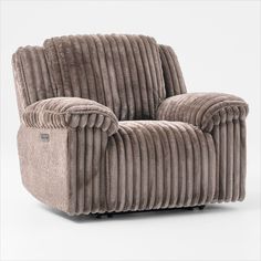 the reclining chair is made out of fabric and has pleated upholstered cushions