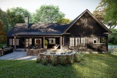 this is a computer rendering of a small cabin style house with porches and covered patio