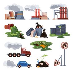 various types of pollution in the air and on land, including factories, cars, trucks, trees