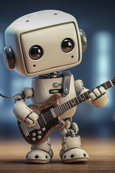 funny cute robot playing musical instrument Robot Background, Wood Robots, Guitar Performance, Robot Companion, Interactive Web Design, Animation References