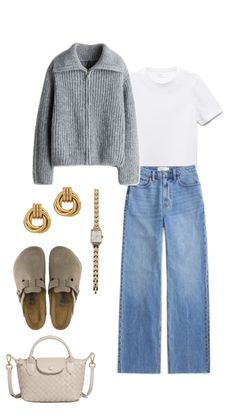 an outfit with jeans, sweater and shoes