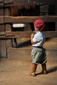 a small child wearing a red hat standing in front of a wooden fence and looking at a horse