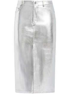 silver-tone faux leather metallic finish belt loops concealed fly and button fastening classic five pockets front slit mid-length straight hem Metallic Midi Skirt, Faux Leather Midi Skirt, Balenciaga Women, Leather Midi Skirt, Satin Midi Skirt, Leather Pencil Skirt, Straight Skirt, Women Skirts Midi, Luxury Outfits