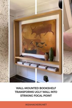 a man is working on a wall mounted book shelf