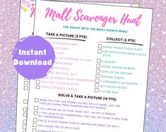 a purple and white checklist with the words instant scavenger hunt on it