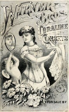 an advertisement for the waring bros corsets, with a woman looking at her reflection in a mirror