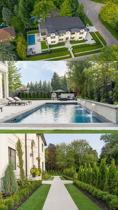 an aerial view of a house with a pool in the middle and landscaping around it