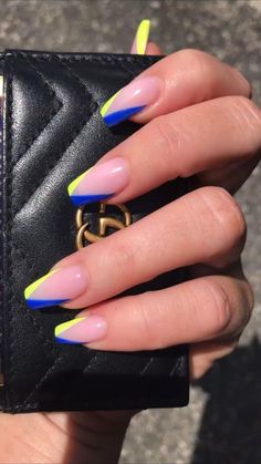 Summer Nails Neon, Red Nails Acrylic, Nails Acrylic Square, Summer Nails 2023, Blue Nail, Neon Nails, Nails 2023, Yellow Nails, Minimalist Nails