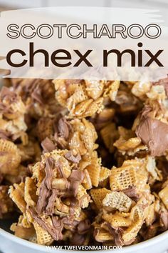 a bowl full of chocolate chex mix with the title text overlay above it