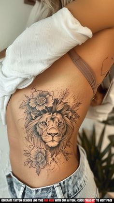 a woman's stomach with a lion tattoo on the side and flowers in her hair