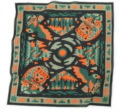 an orange, green and black square scarf with native designs on it's edges