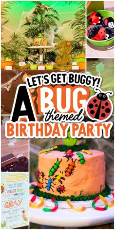 a bug themed birthday party is featured in this collage with images of cakes and desserts