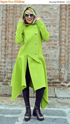 ON SALE 30% OFF Light Green Asymmetrical Coat / Extravagant Light Green Cashmere Coat / Funky Hooded Coat / Asymmetrical Hooded Coat Tc72 Asymmetrical Coat, Asymmetrical Cut, Pin Fashion, Custom Apparel, Cashmere Coat, Men's Apparel, Hooded Coat, Boho Chic Fashion, Art Market