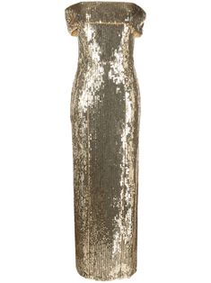 gold-tone stretch-design sequin embellishment Bardot neckline side slit straight hem long length Uzun Boy, Galvan London, Laquan Smith, Bardot Neckline, Sequin Embellishment, Oscar Dresses, Designer Evening Gowns, Dress Gold