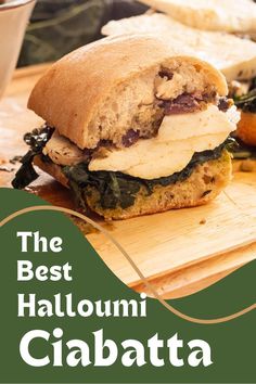 This filling Mediterranean-inspired sandwich recipe comes together in 15 minutes and features creamy halloumi, lemon-garlic olive pesto, and a balsamic marinated kale salad all on toasted ciabatta bread. It’s a perfect satisfying vegetarian lunch recipe! Marinated Kale Salad, Ciabatta Sandwich, Marinated Kale, Olive Pesto, Best Sandwich Recipes, Vegetarian Recipes Lunch, Ciabatta Bread, Vegetarian Lunch