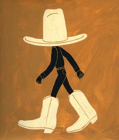 a drawing of a man with a hat and boots walking on the ground in front of a brown background