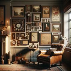 a living room filled with lots of framed pictures