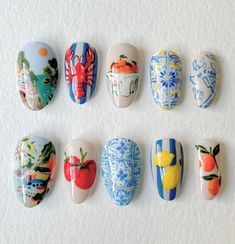 Nails For A Trip To Europe, Amalfi Nails Design, Amalfi Coast Nails Ideas, Painted Press On Nails, Italian Inspired Nails, Custom Press Ons, Amalfi Nails, Amalfi Coast Nails, Italian Summer Nails