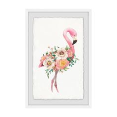 a pink flamingo with flowers and leaves on it