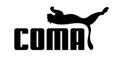 the word coma is written in black and white with a cat's tail sticking out