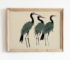 two birds are standing next to each other on a white wall and framed in wood