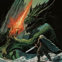 a dragon attacking a knight in front of a giant fire breathing monster with its mouth open