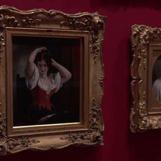 two paintings on display in a museum with one woman holding her head and the other man touching his hair