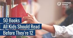 a person holding a red book in front of bookshelves with the words 50 books all kids should read before they're 12